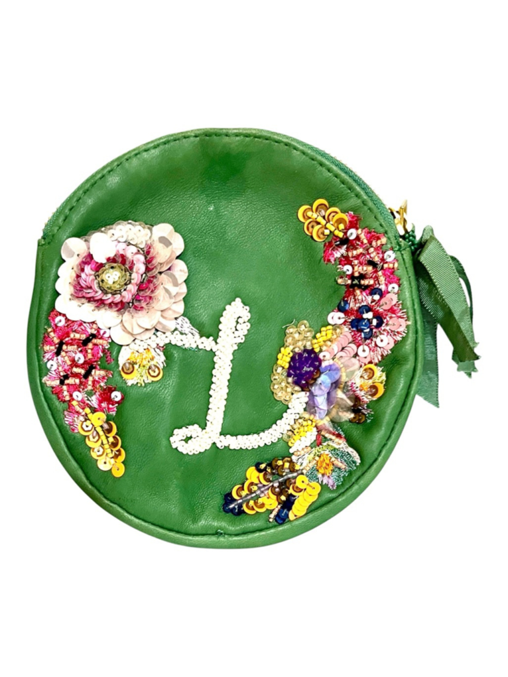 Anna Harlow Russo Anthropologie "L" Monogram Beaded Green Leather Round Clutch
